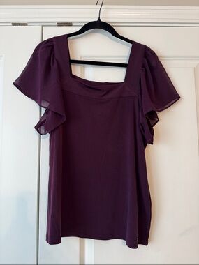Calvin Klein Deep Plum Square-Neck Flutter Sleeve Top